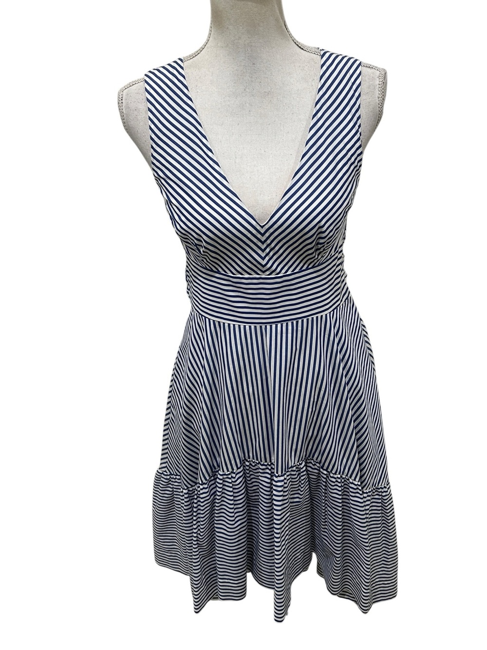 P.A.R.O.S.H Sleeveless V-Neck blue & white Striped high low midi Dress small
